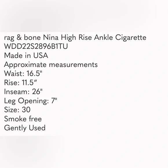 Rag and Bone. Nina high rise ankle cigarette. Button-fly 100% cotton Sz30, Tulip - Picture 15 of 16